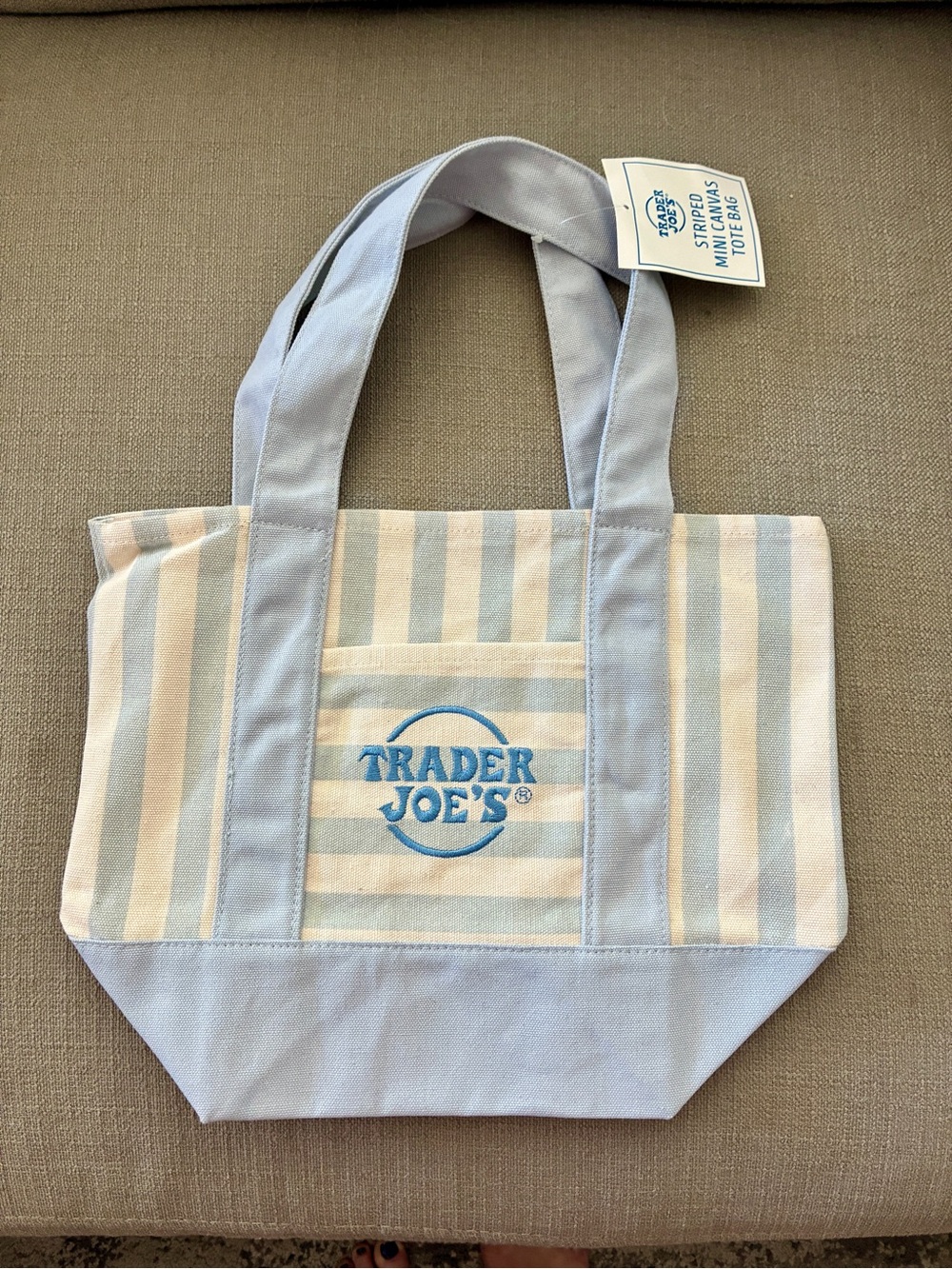 Trader Joe's 2026 Limited Edition Light Blue and Cream Stripe Canvas Tote - Picture 2 of 5
